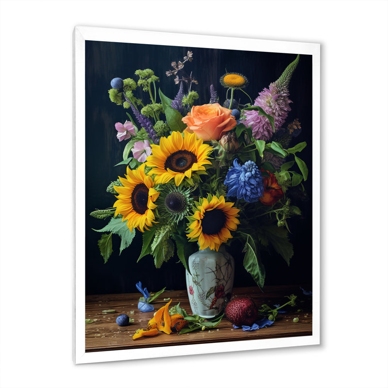 «Blossoming Sunflower Bouquet» avec impression sur toile, H 40 po x l 30 po x P 1,5 po, Cadre simple blanc