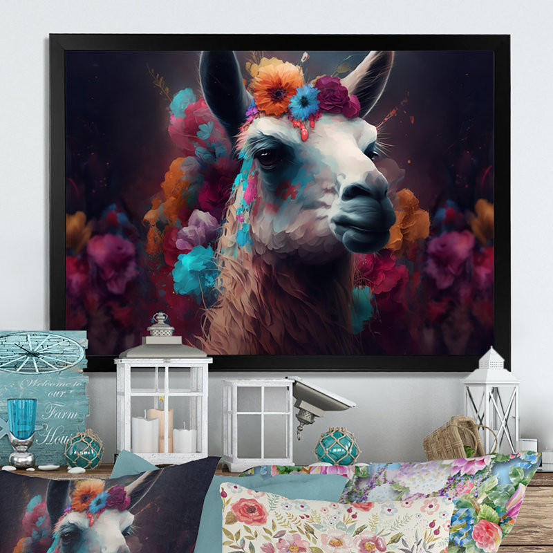 Floral Lama I - reproduction sur toile, H 16 po x l 32 po x P 1 po, Impression noire sur toile encadrée