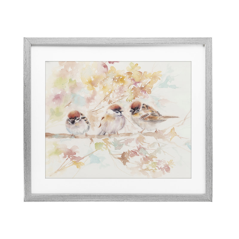 Trio d'oiseaux sur une branche d'aquarelle, reproduction encadrée sous verre, conception de Cady, H 17 po x l 21 po