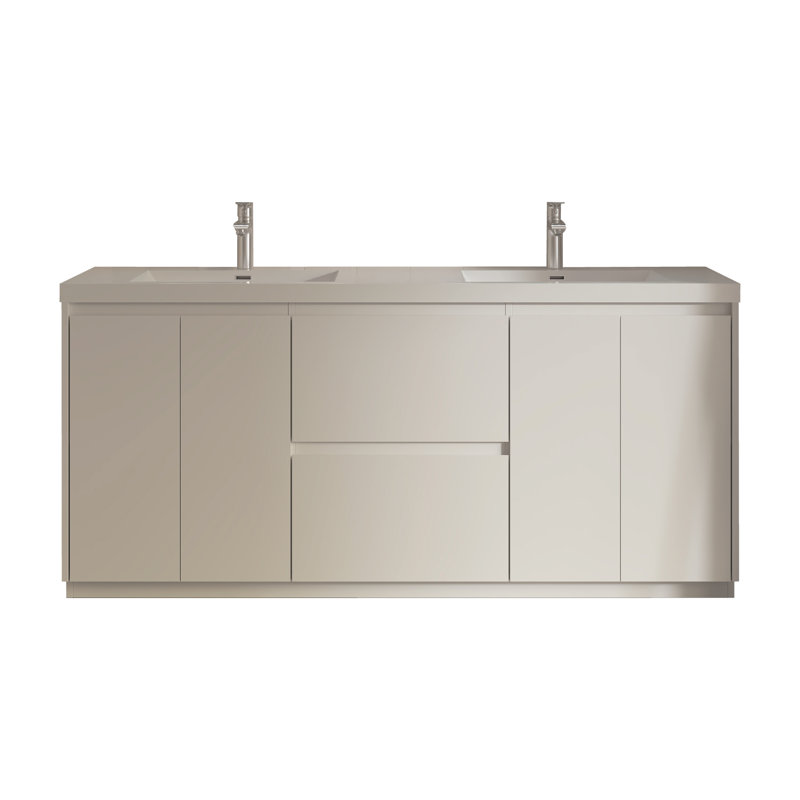 Meuble-lavabo double 72 po avec comptoir en pierre blanc brillant, 2 tiroirs et 4 portes, 72"