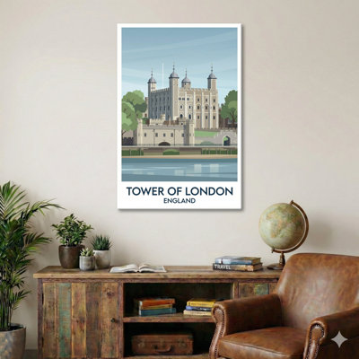 Tower Of London, England - Riverside Romance And Timeless Castle Travel Poster. Giclée Print On Wrapped Canvas. Wall Art, Home Decor - Castles & Palaces, England - Wrapped Canvas Print