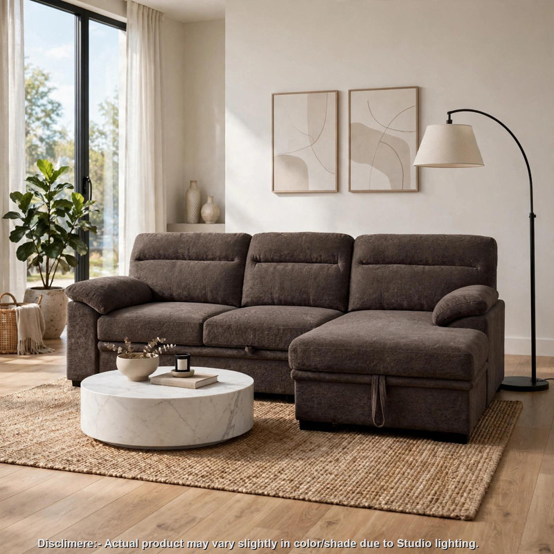 Canapé d'angle convertible Geni avec méridienne de rangement, ports USB, chenille marron