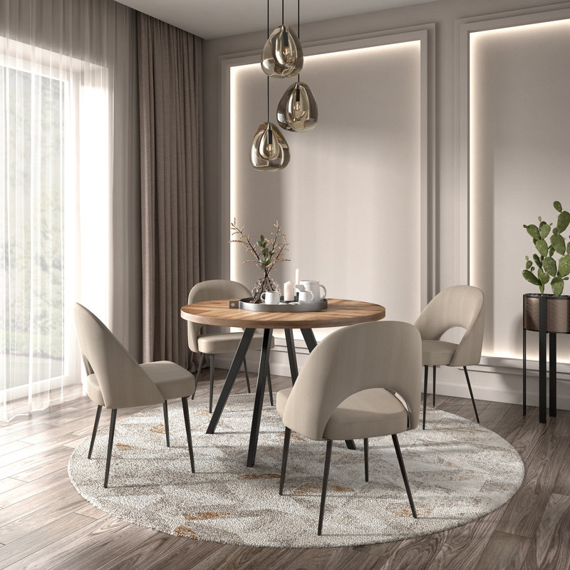 Aurthur 45" Round Dining Table And Upholstered Dining Chairs Set - Beige Fabric, Beige