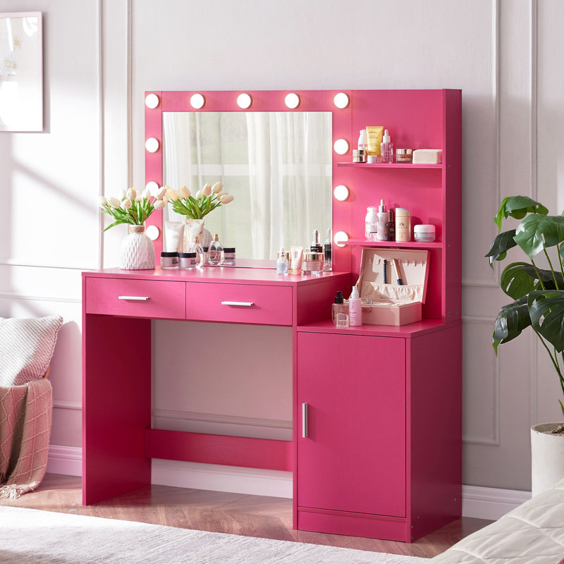Bureau de coiffeuse avec miroir et lumières, coiffeuse 46,4 po avec 2 grands tiroirs et grand organisateur vertical, commode à 3 niveaux et 3 modes d'éclairage à luminosité réglable, convient à la chambre à coucher (rose)
