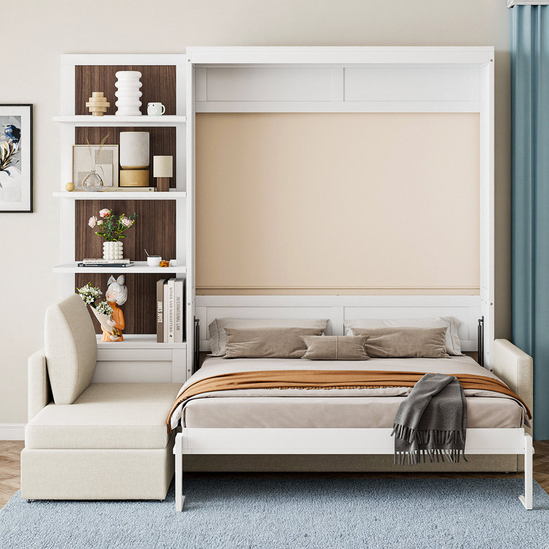 Grand lit escamotable avec canapé et fonction intégrée, Blanc
