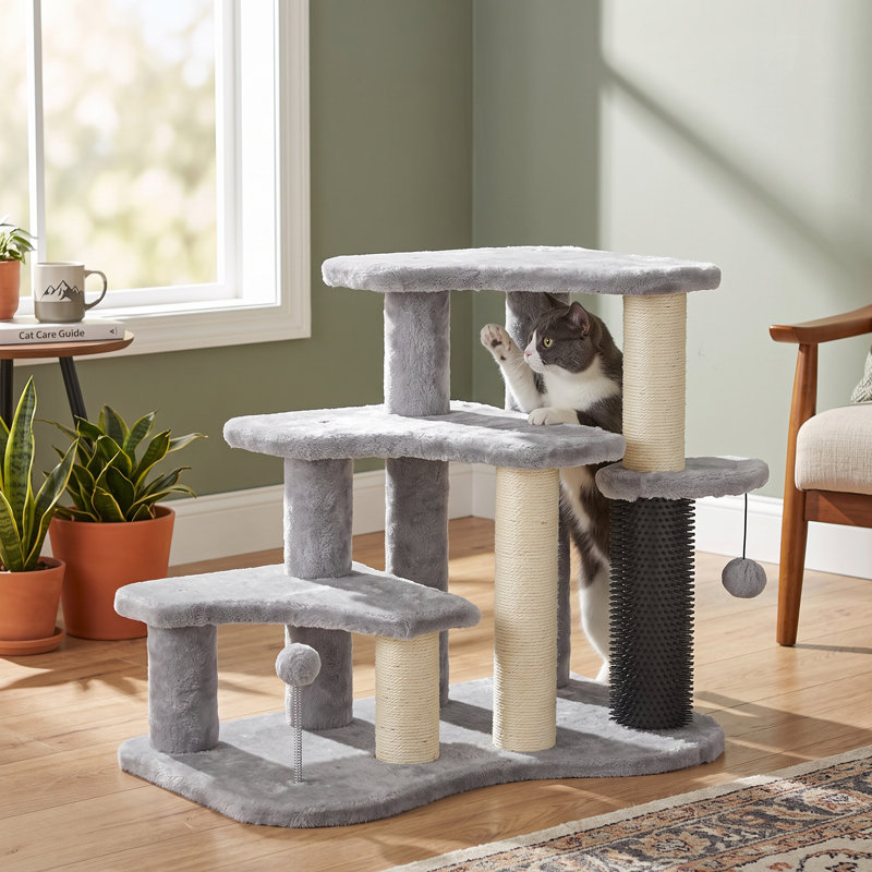 Tour pour arbre à chat à 3 niveaux, condo pour chat avec poteaux à griffer, poteau à chatouiller, boules de jouets, pour lits hauts, canapé, tours de chat robustes pour chats
