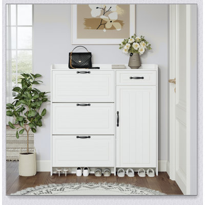 White Shoe Cabinet – 4 Doors, 1 Drawer – Large Storage, Narrow Hallway Friendly