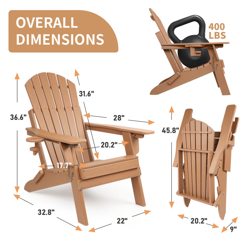 Plastic Folding Adirondack Chair with Adjustable Backrest, Brown