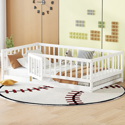 Lit de plancher pour enfants avec clôture et porte, aucun sommier nécessaire, structure en bois de pin robuste, conception multifonctionnelle