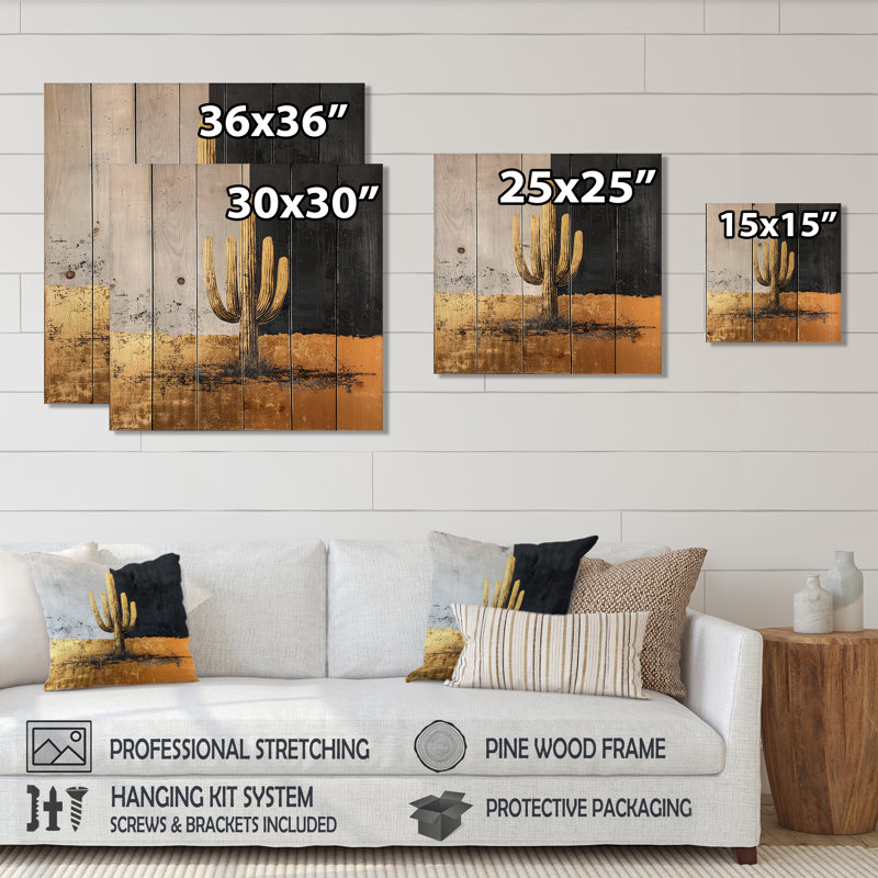Cactus Abstract Shapes Pure Form I - Floral Cactus Wood Wall Art - On Natural Pine Wood, 15" H x 15" W x 0.78" D