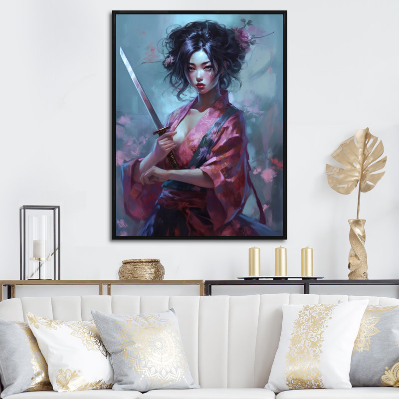 Samurai Cyberpunk Chick I - peinture sur toile, H 20 po x l 12 po x P 1 po, Cadre flottant noir