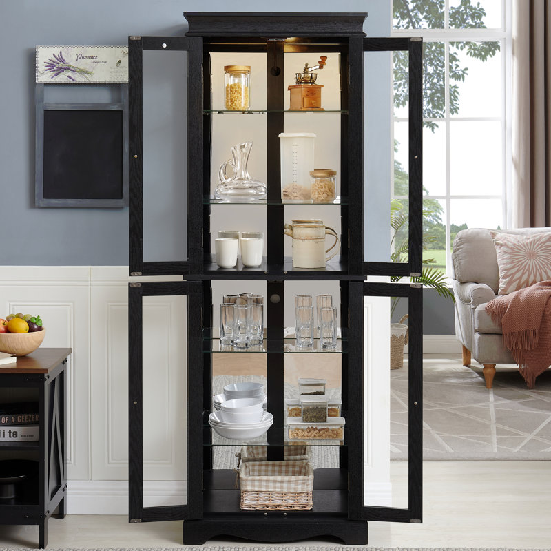 Lighted Glass Curio Display Cabinet With Wood Frame - Elegant Glass Storage For Wine, Toys & Collectibles - Perfect For Living Room, Kitchen & Pantry - Bulb Included, Black