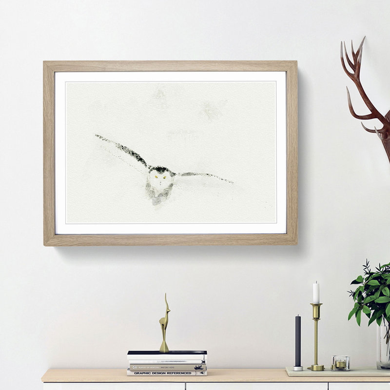 Snowy Owl in Abstract - Picture Frame Graphic Art Print, 27cm H x 36cm W x 2cm D, Oak Framed