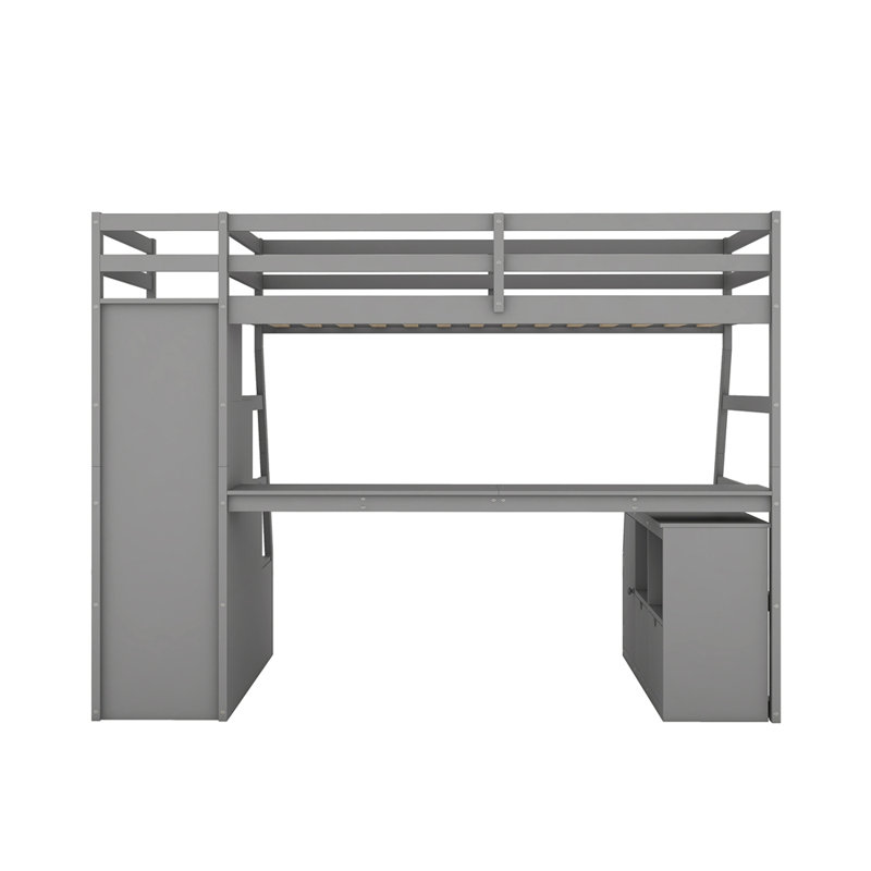 Lit mezzanine simple avec 7 tiroirs, 2 tablettes et un bureau, Grey