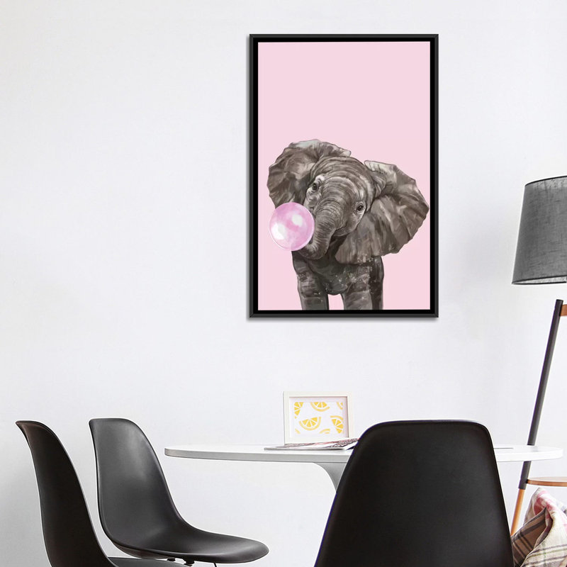 Art d’éléphant de gomme à bulles, H 40 po x l 26 po x P 1,5 po, Toile avec cadre noir