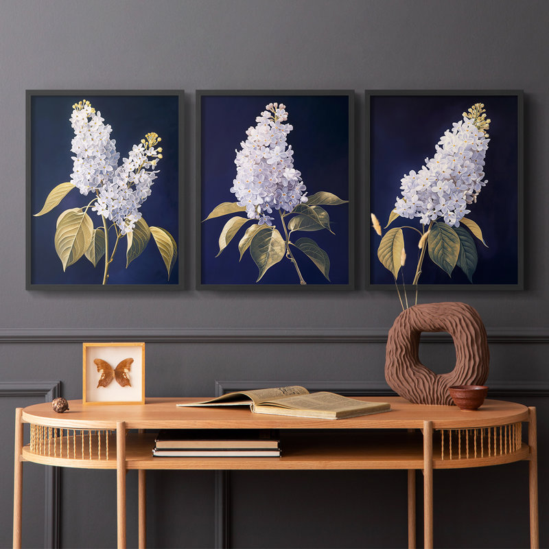 Étude florale série LX III - ensemble de 3 estampes numériques encadrées - prêt à être accroché, Cadre noir