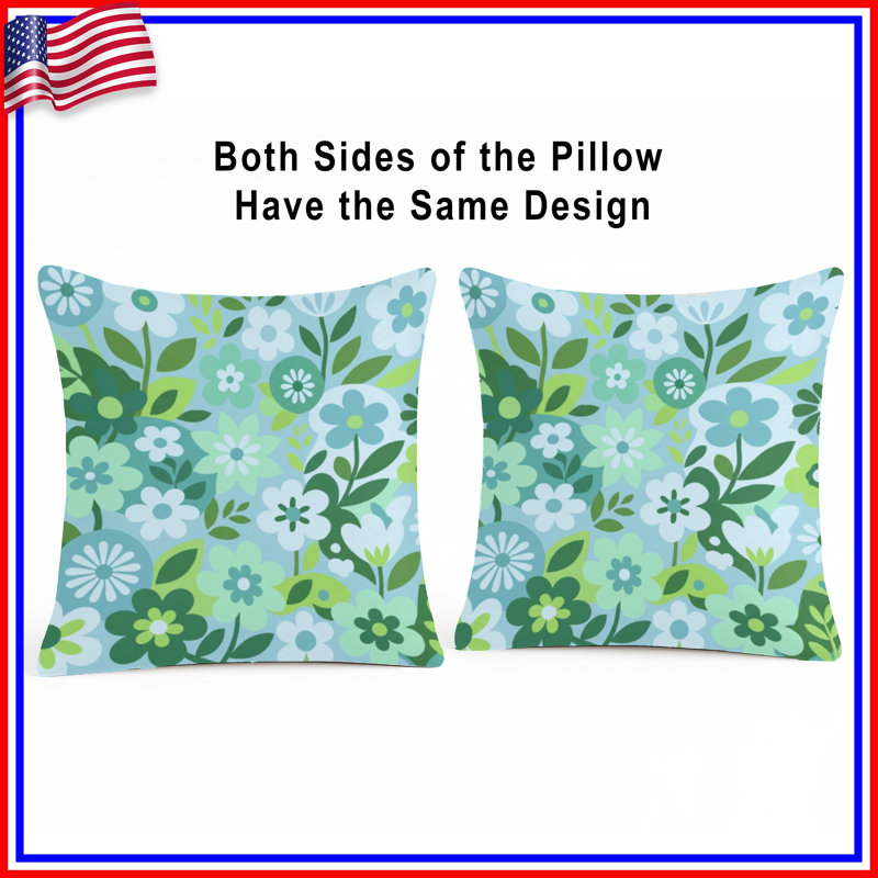 Floral Botanical Pattern Double Sided Throw Pillows, 14 x 14 inches, Light Green Light Blue