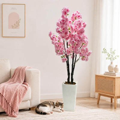 Cerisier artificiel en fleurs de 1,5 m de haut, fleurs en soie rose avec pot blanc, faux arbre printanier pour la décoration du salon, de l'entrée ou du bureau.