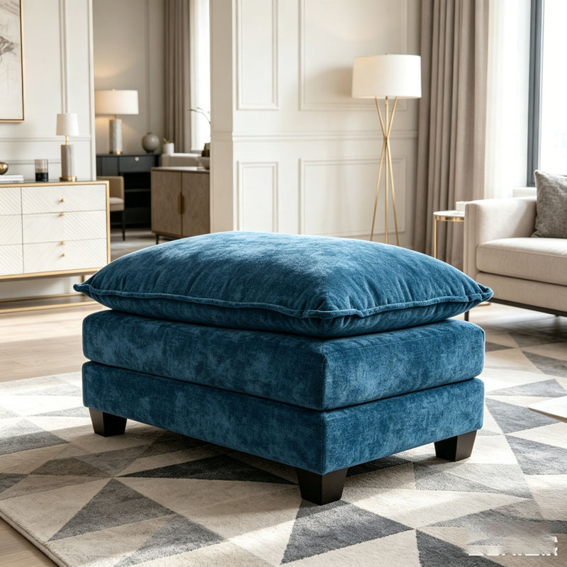 Cloud Sofa Ottoman With Double Layer Upholstered Seat Cushion For Living Room, Blue