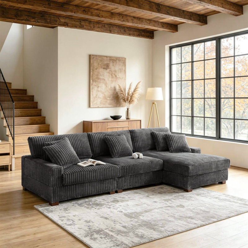 3 - Piece Upholstered Gray Faux Rabbit Fur Flannel Modular Sectional Sofa with Armrests & Throw Pillows