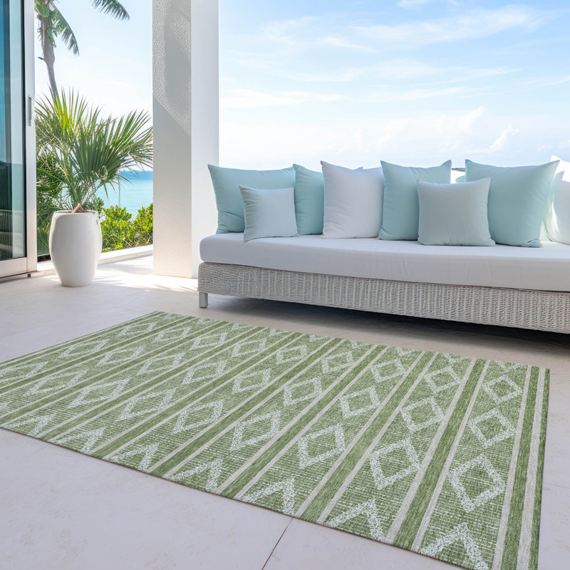 Green Diamond Pattern Washable Synthetic Area Rug