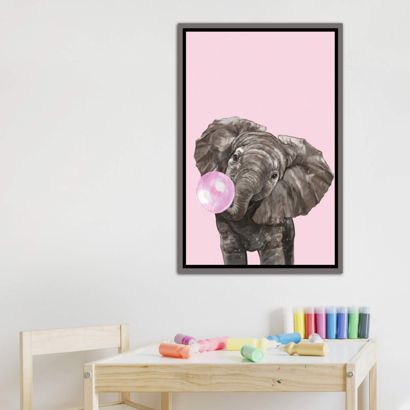Art d’éléphant de gomme à bulles, Toile encadrée de bois rustique foncé, H 40 po x l 26 po x P 1,5 po