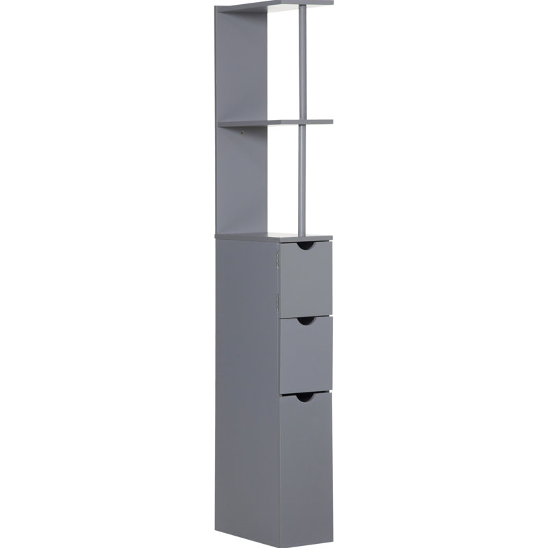 Unité de rangement de 54 po pour la salle de bain grise. 2 tablettes et tiroirs. Espace suffisant pour le linge de maison et les serviettes. Autonome. Fabrication solide. Fonction de fixation murale supplémentaire. L 13 po x H 53,75 po. Poids: 22 lb. Assemblage requis