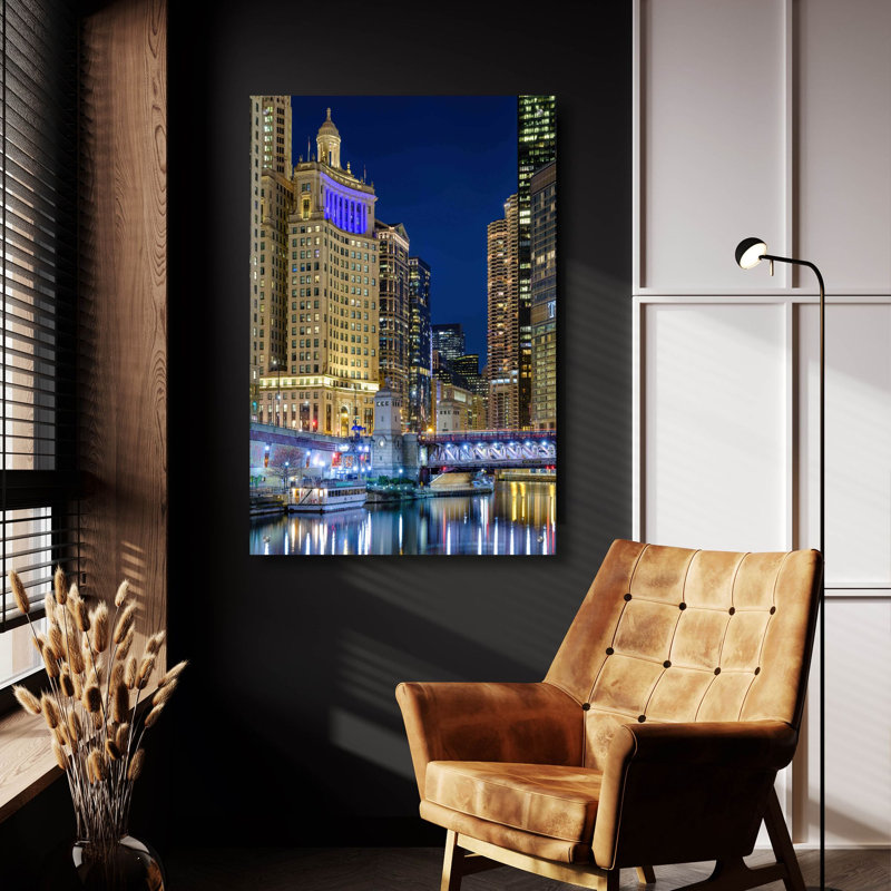 «Chicago River At Night» par Epic Portfolio, art mural en verre acrylique, H 36 po x l 24 po x P 0,2 po