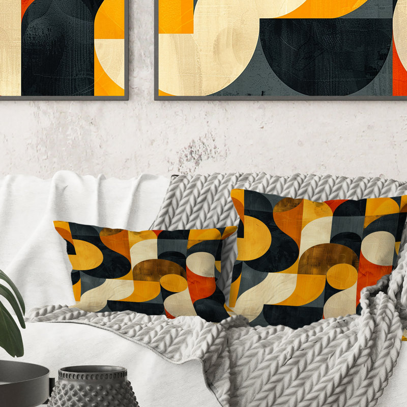 Coussin décoratif orange et noir à motif géométrique en forme de V Mid-Century, H 16 po x l 16 po