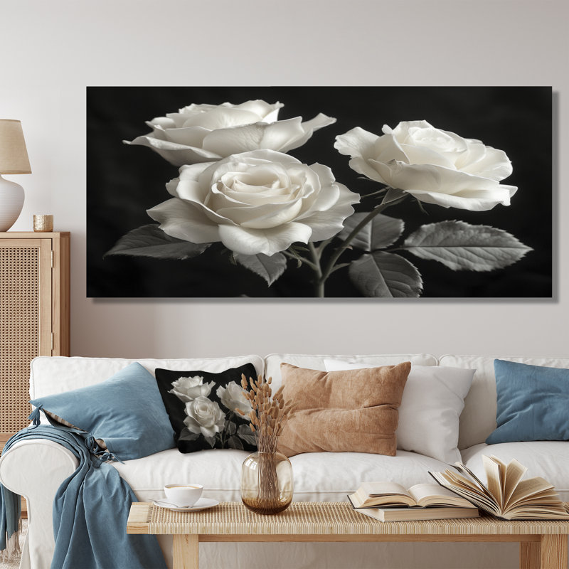 Monochromes en noir et blanc Roses Bloom II - Roses, art mural, Toile tendue, 24" H x 32" W