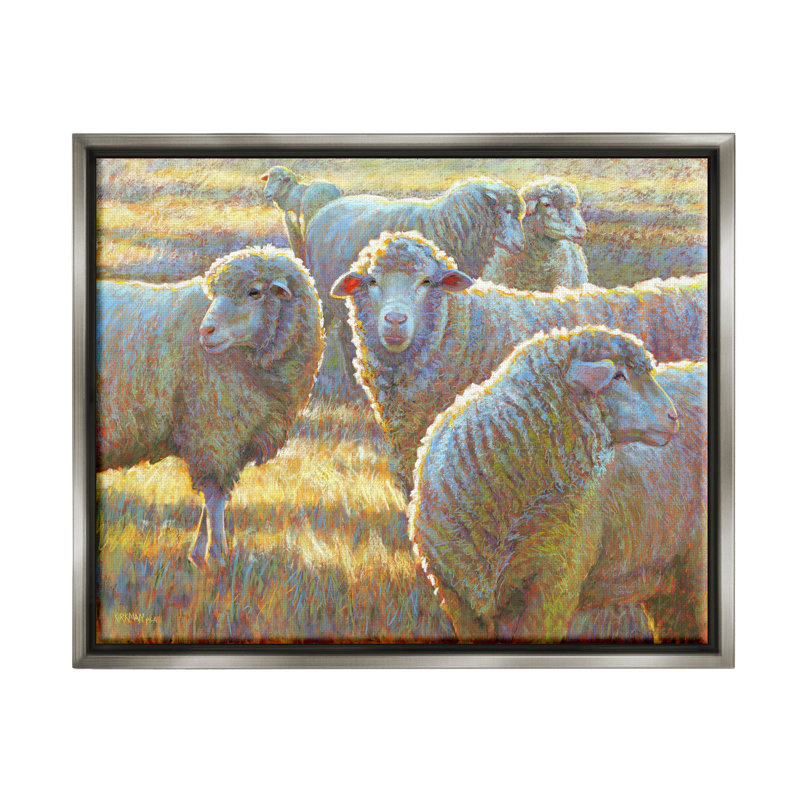 «Sheep Herd Grazing Grassland» par Rita Kirkman - peinture à cadre flottant sur toile, H 17 po x l 21 po x P 1,7 po