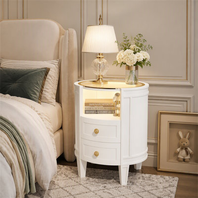 Table de chevet à 2 tiroirs avec éclairage DEL, table d'appoint moderne avec plateau en verre