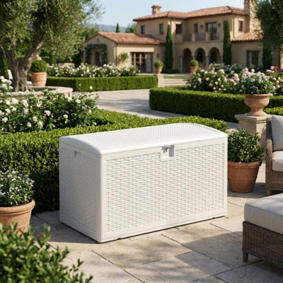 73 Gallon Waterproof Large Resin Deck Box Indoor Outdoor, Lockable Storage Container for Patio Furniture Tools, Waterproof Deck Box Patio Storage Bin for Pool Garden, White