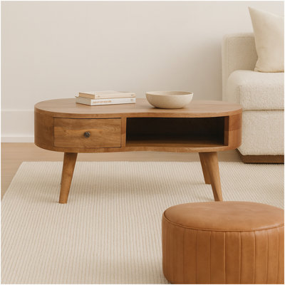 Table basse en bois Oak-Ish Wave, 1 tiroir, 1 fente ouverte, pieds nordiques, brun clair