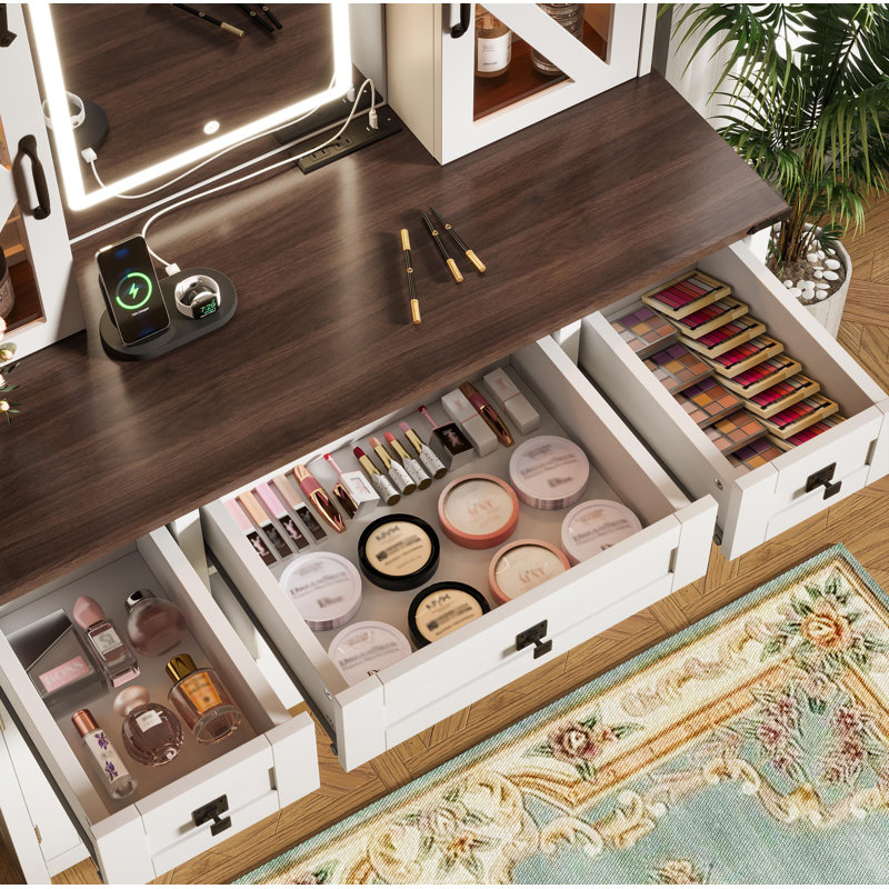 (Stool NOT Included) 43.3" Farmhouse Makeup Vanity Desk with Lighted Mirror, Vanity Table with Charging Station, Dressing Table with Sliding Barn Door Hidden Shelves & 3 Drawers & 4 Cabinets, Beige 