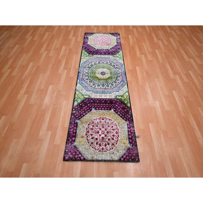 2'9"x8'1" Salsa Red Silk with Wool Mamluk Design Hand Knotted Runner Rug 06E819BEDC1346B6B8E6FAB7469439E6