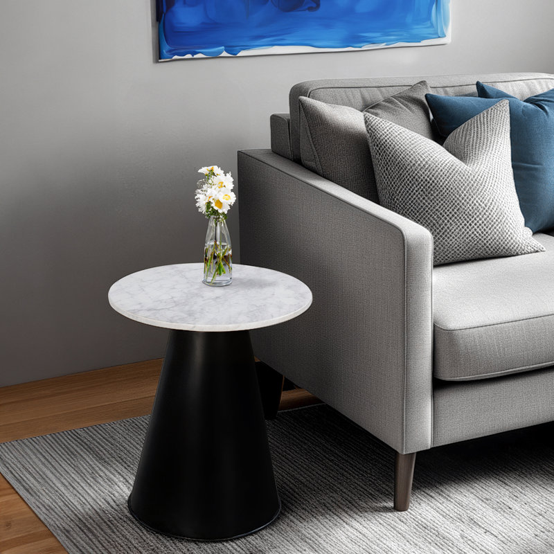 Table de bout latérale Riko, plateau rond en marbre naturel blanc de 18 po, base piédestal moderne noir