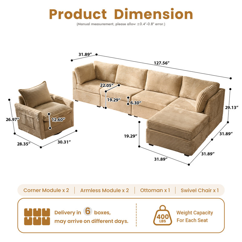 Ensemble de salon 3 pièces - Canapé modulaire en L avec repose-pieds et fauteuil pivotant, Beige