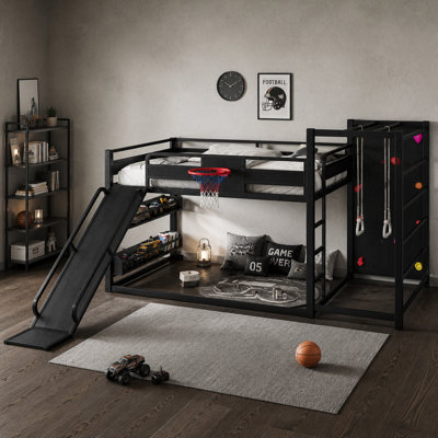 Full Size Metal Loft Bed With Basketball Hoop, Pull-Up Rings, Climbing Wall, And Built-In Bookshelves