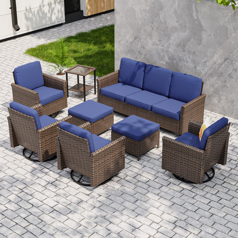 Ensemble de conversation 8 pièces pour 7 personnes avec 7 chaises en rotin et osier, Bleu