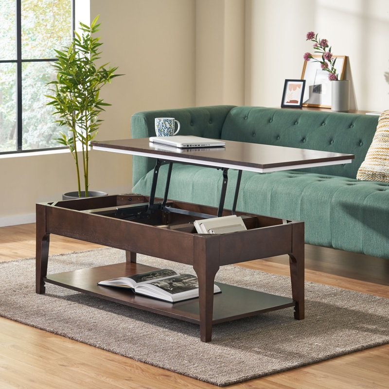 Table basse à plateau relevable avec rangement, Noyer foncé