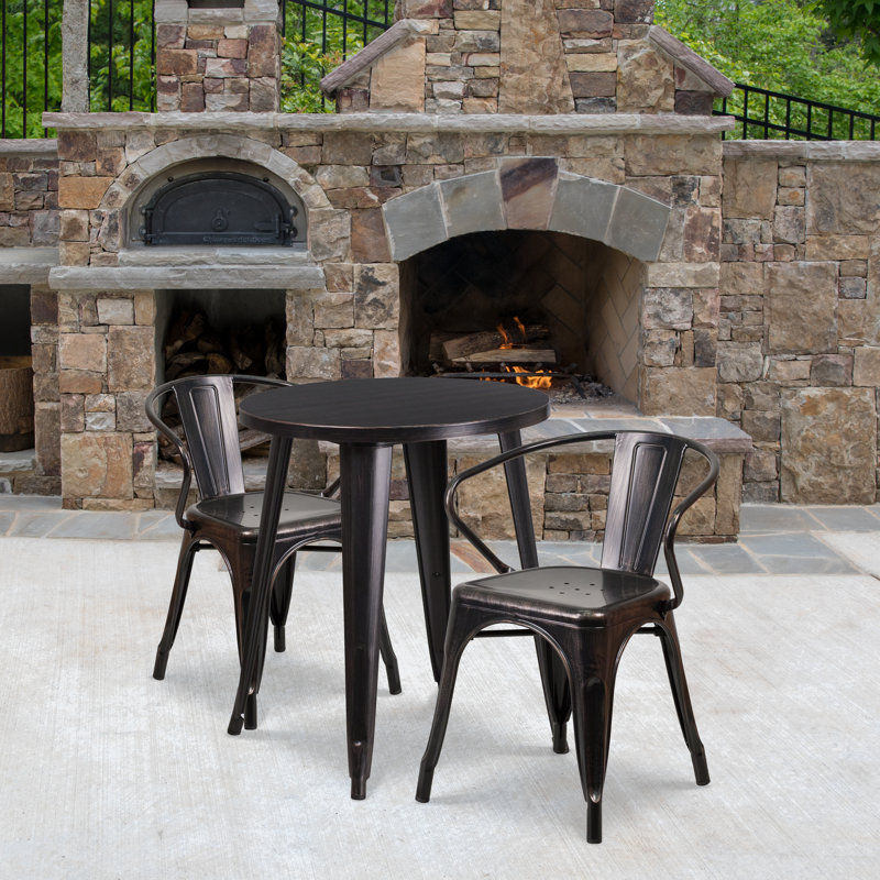Duluth 30'' Round Metal Indoor-Outdoor Table Set with 2 Arm Chairs, Black / Antique Gold, 29.50" H x 30" W x 30" L