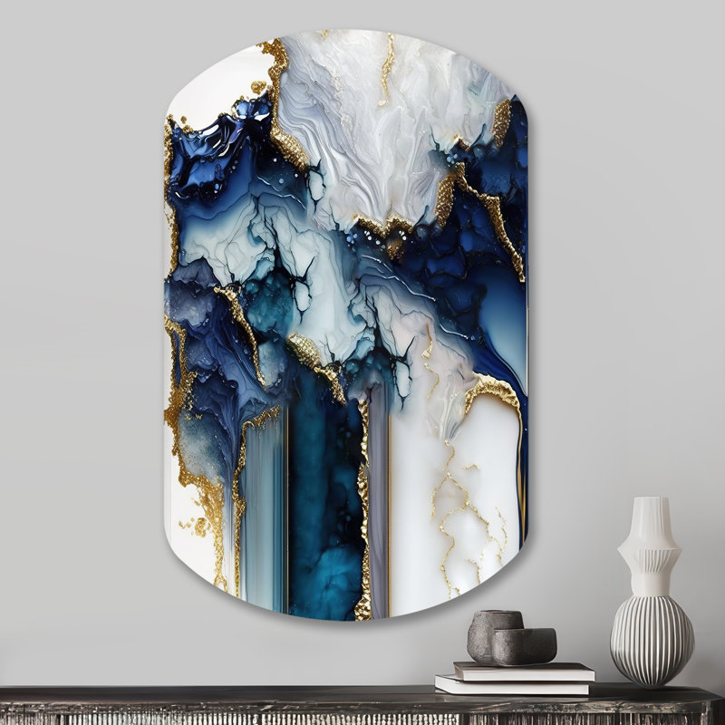 Géode abstraite, marbre blanc et bleu I - art mural cylindrique en métal, impression asymétrique bleue