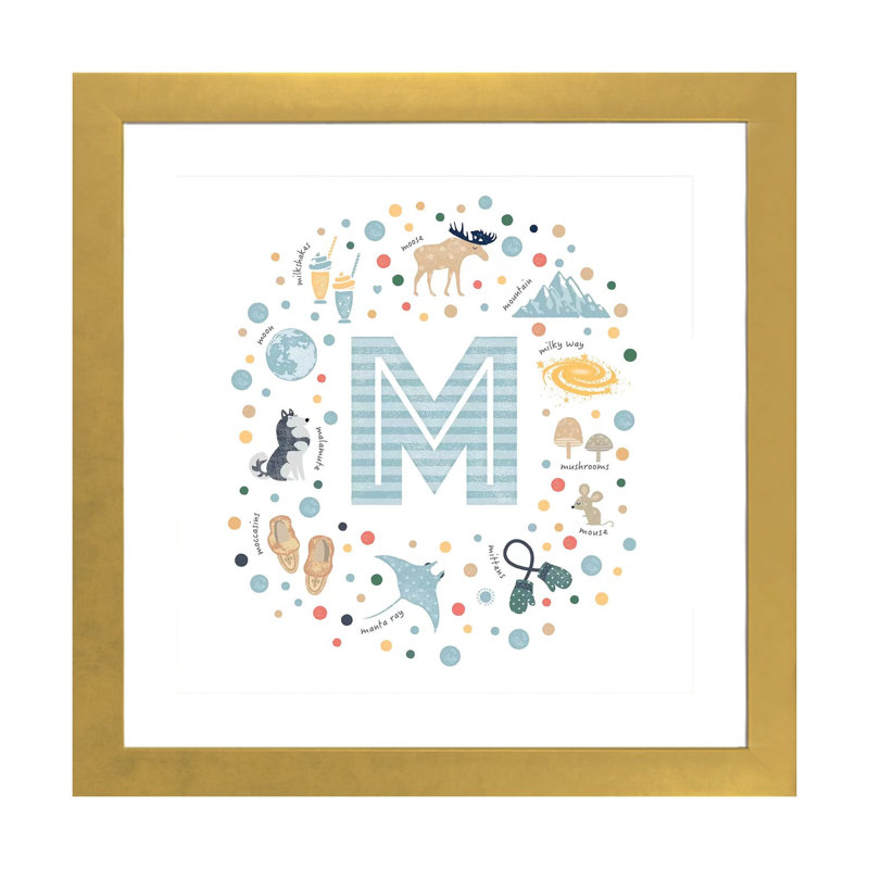 Lettre illustrée M bleue - impression, H 16 po x l 16 po x p 1 po, Papier encadré doré, Blanc
