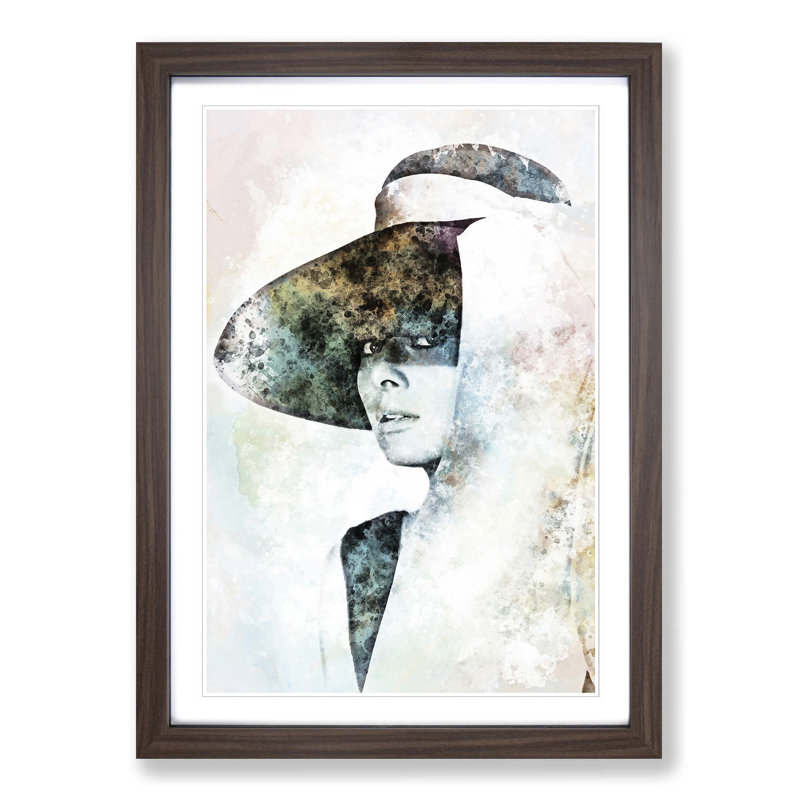 Audrey Hepburn Portrait in Abstract - Picture Frame Painting Print on MDF, Walnut Framed, 65cm H x 48cm W x 2cm D