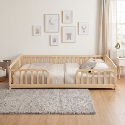 Solid Wood Kids Bed Floor Bed With Guardrails And Central Entrance, Without Slats