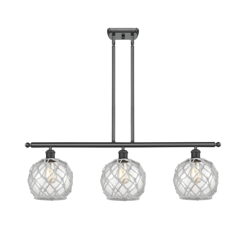 Luminaire suspendu linéaire à 3 lumières pour îlot de cuisine Hildebrandt Farmhouse, Transparent avec cordon blanc, Brun mat