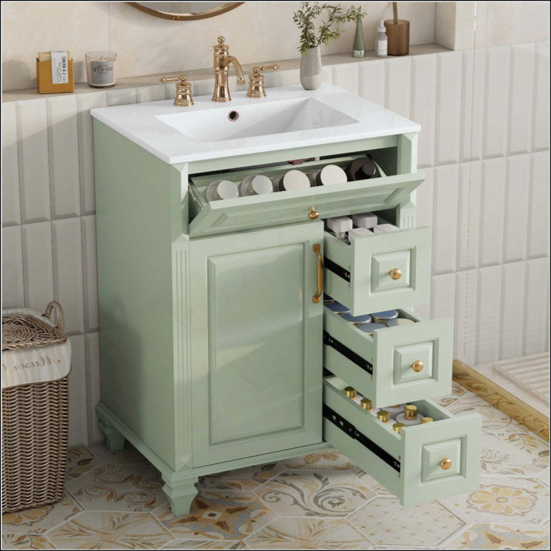 Meuble-lavabo de salle de bain avec lavabo, meuble-lavabo autoportant avec tiroir rabattable, 3 tiroirs et armoire de rangement, bois massif et panneau de fibres à densité moyenne, comptoir de lavabo en céramique (robinet non inclus)