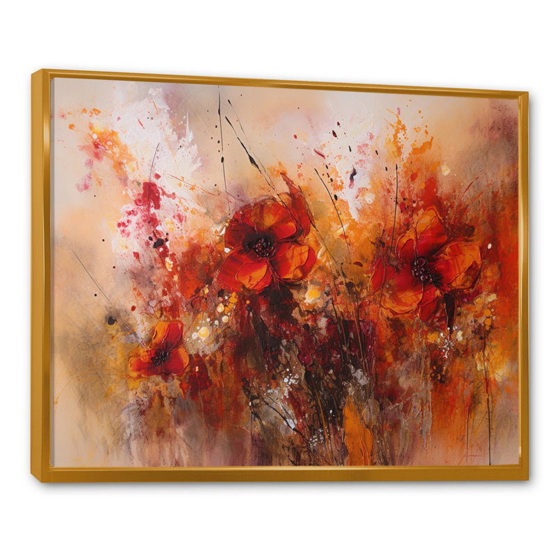 Rouge rouge, coquelicot, floral, Euphoria, H 12 po x l 20 po, Cadre flottant doré
