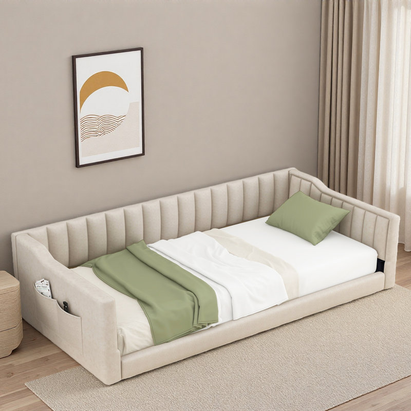 Upholstery Daybed With Side Storage Pockets And Vertical Stripe Design, Extra-Long Twin